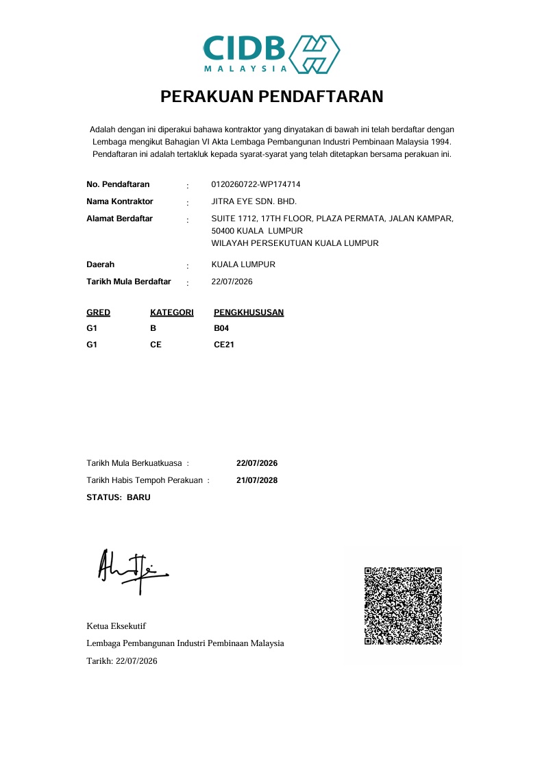 CIDB Registered Contractor Certificate — CE21 Electronic & Communication Systems, Reg: 0120260722-WP174714